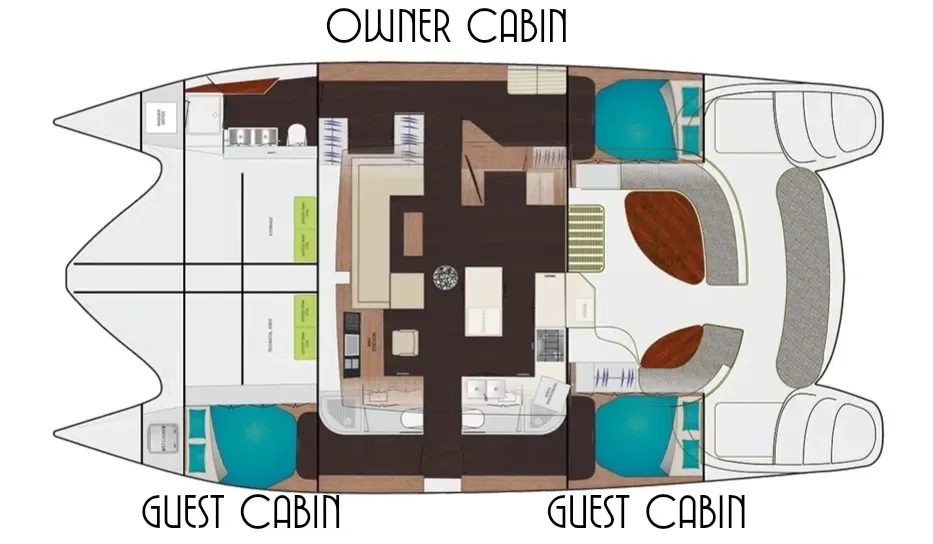 Deck layout of Stella Blue 50-foot Xquisite X5 catamaran showing owner's suite, two portside guest cabins, salon, galley, and cockpit