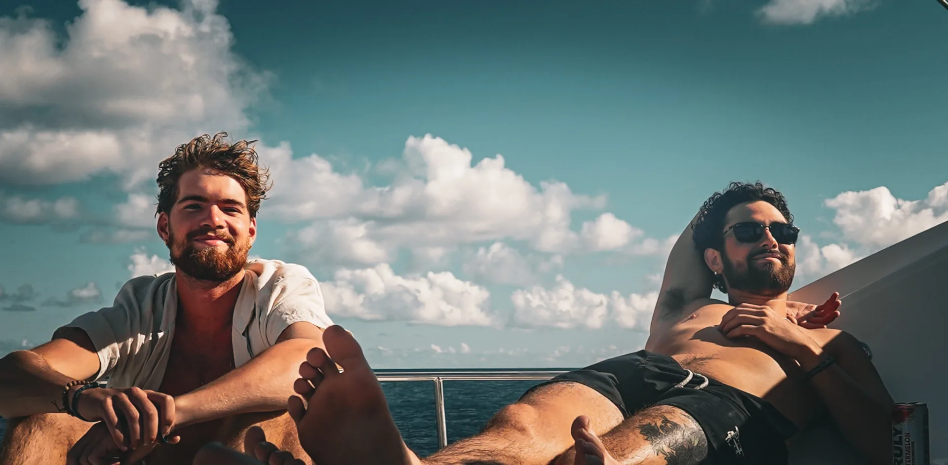 Two guests relaxing on the aft sun pad of Stella Blue catamaran on a sunny Caribbean afternoon