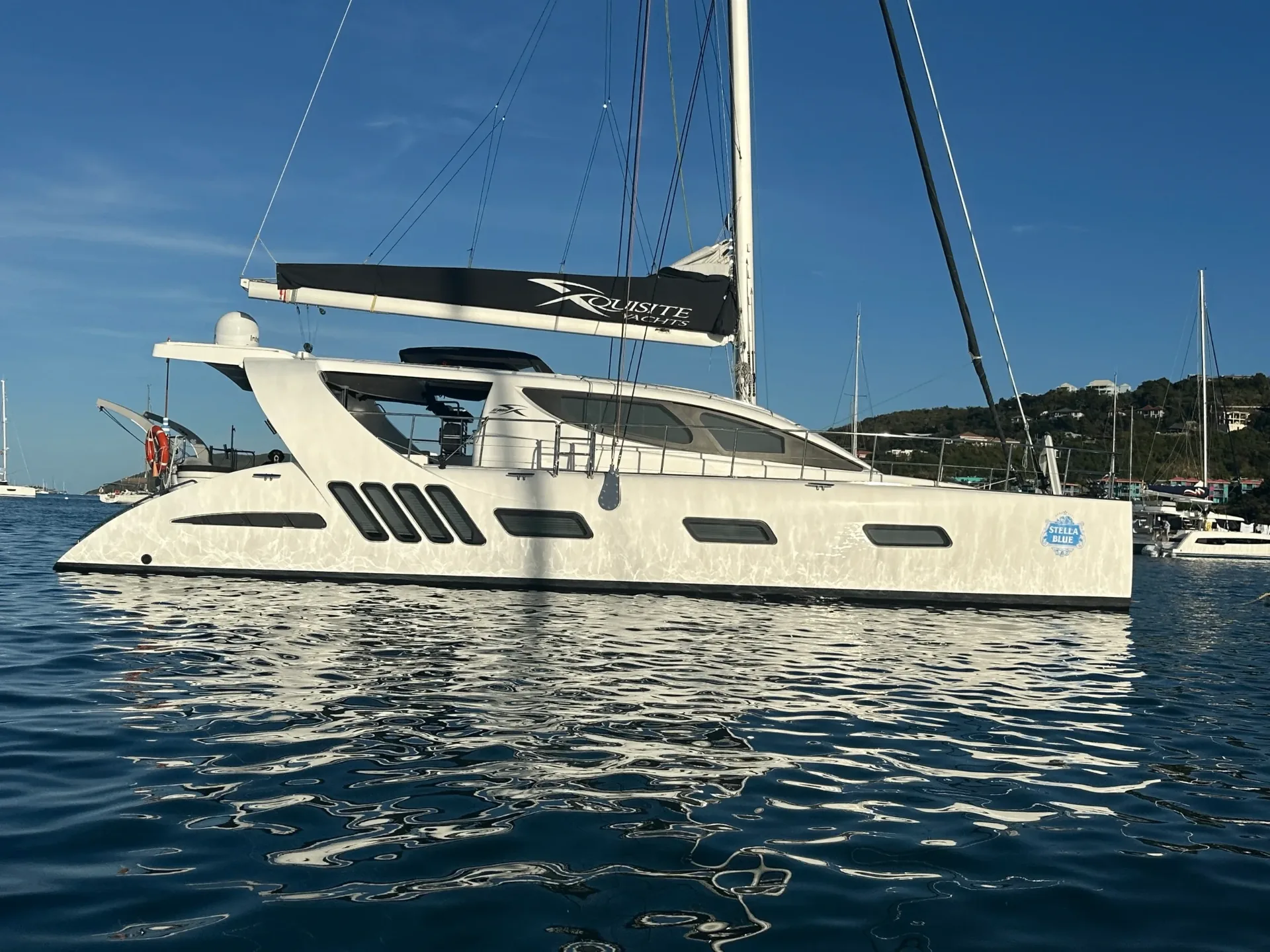 Stella Blue 50-foot Xquisite X5 luxury catamaran underway in the U.S. Virgin Islands